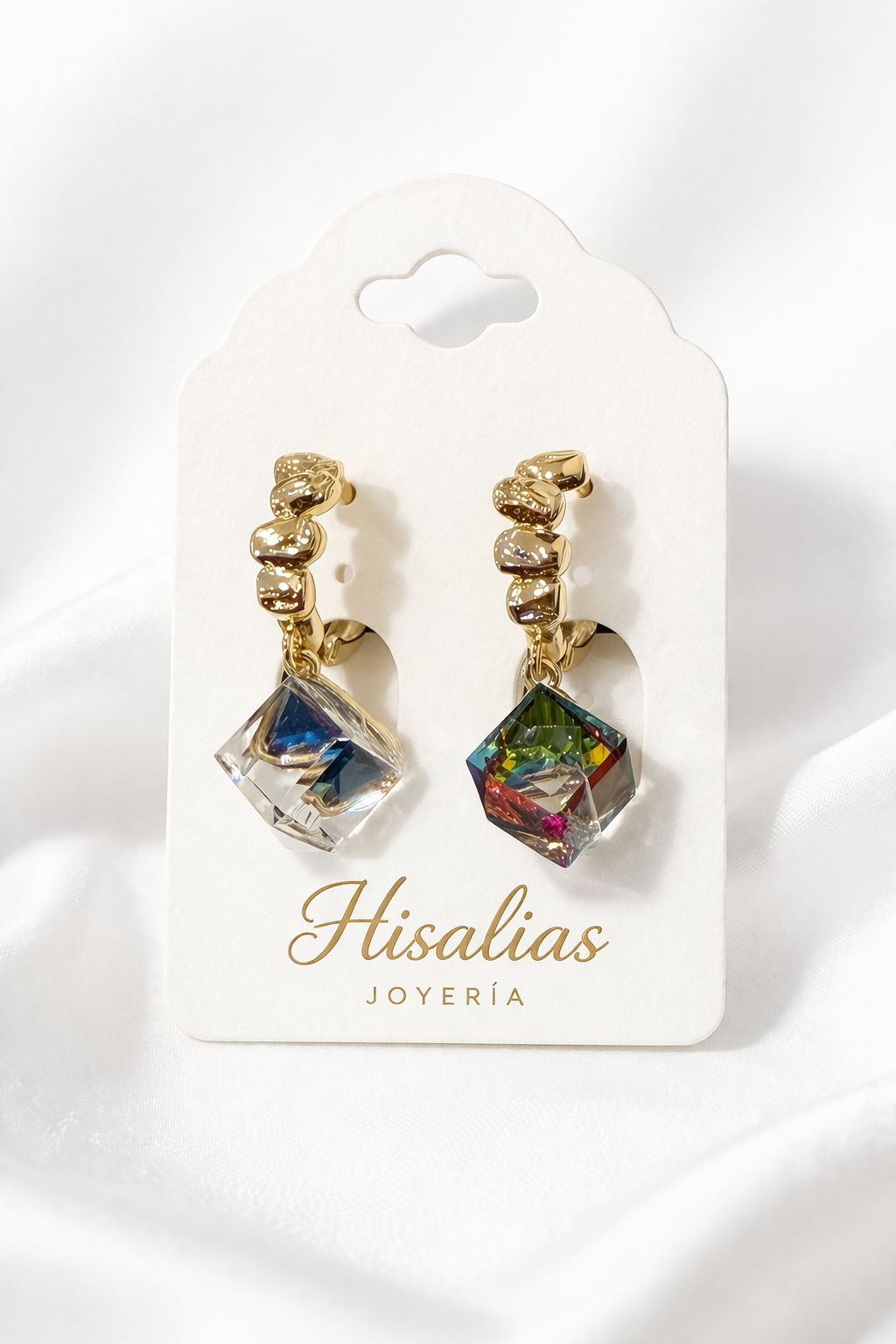 Aretes Huggies Dorados con Cristal Tornasol Azul Colgante