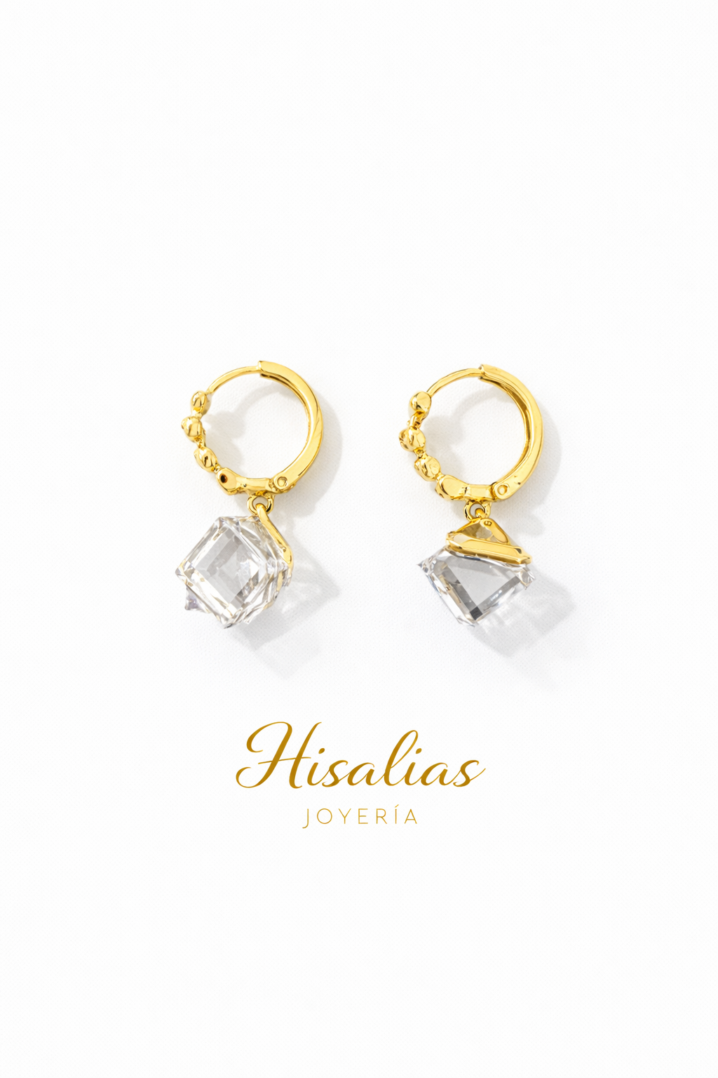Aretes Huggies Dorados con Cristal Tornasol Azul Colgante
