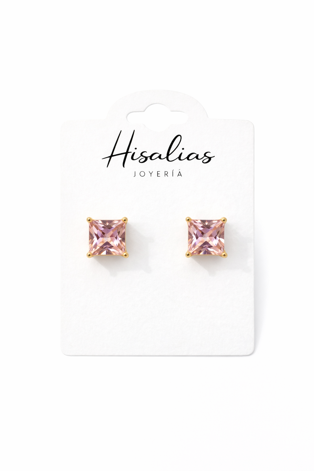 Aretes tipo stud cuadrados con zirconia rosa