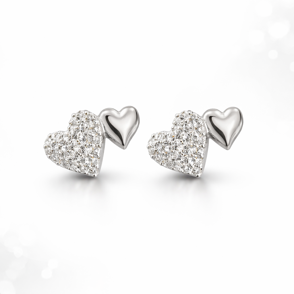 Aretes tipo stud doble corazón con zirconias