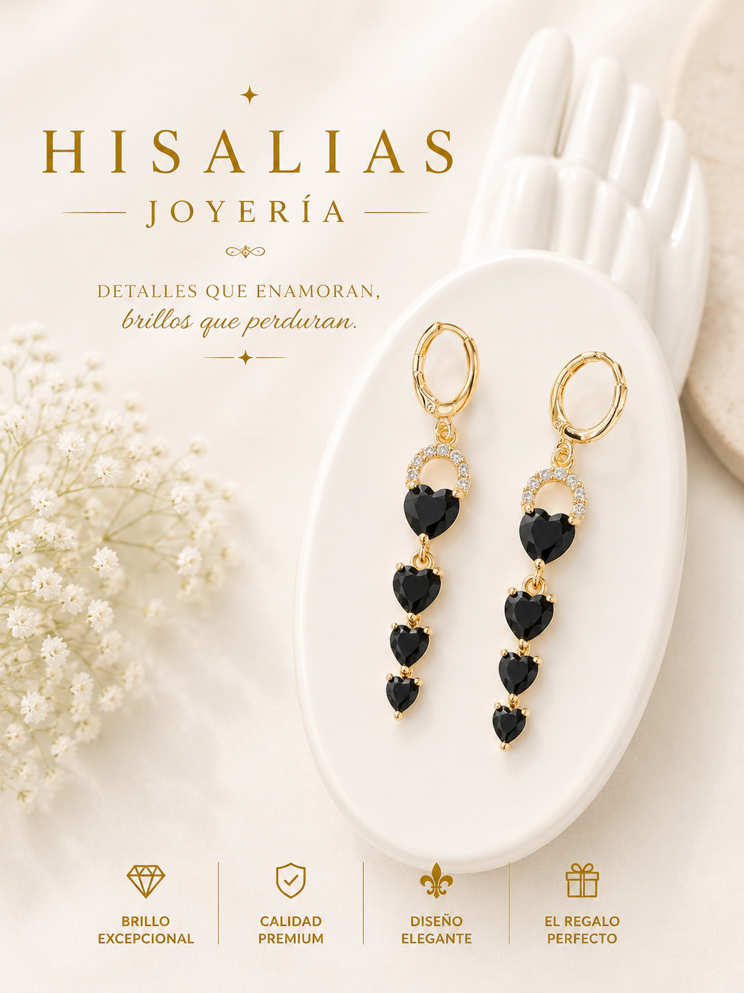 Arete con cristales obscuros en forma de corazón