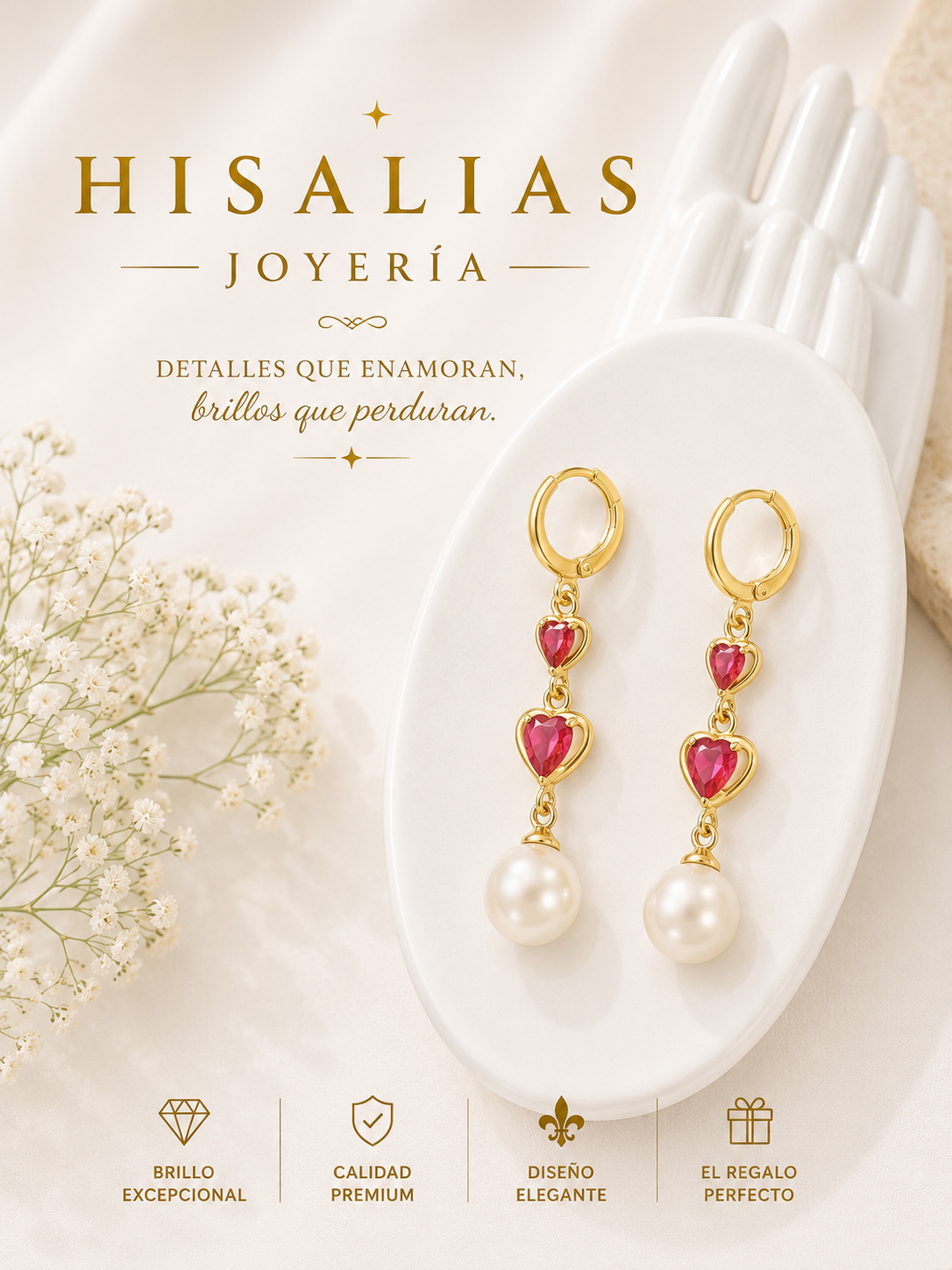 Arete con cristales en forma de corazón y perlas color rosa intenso