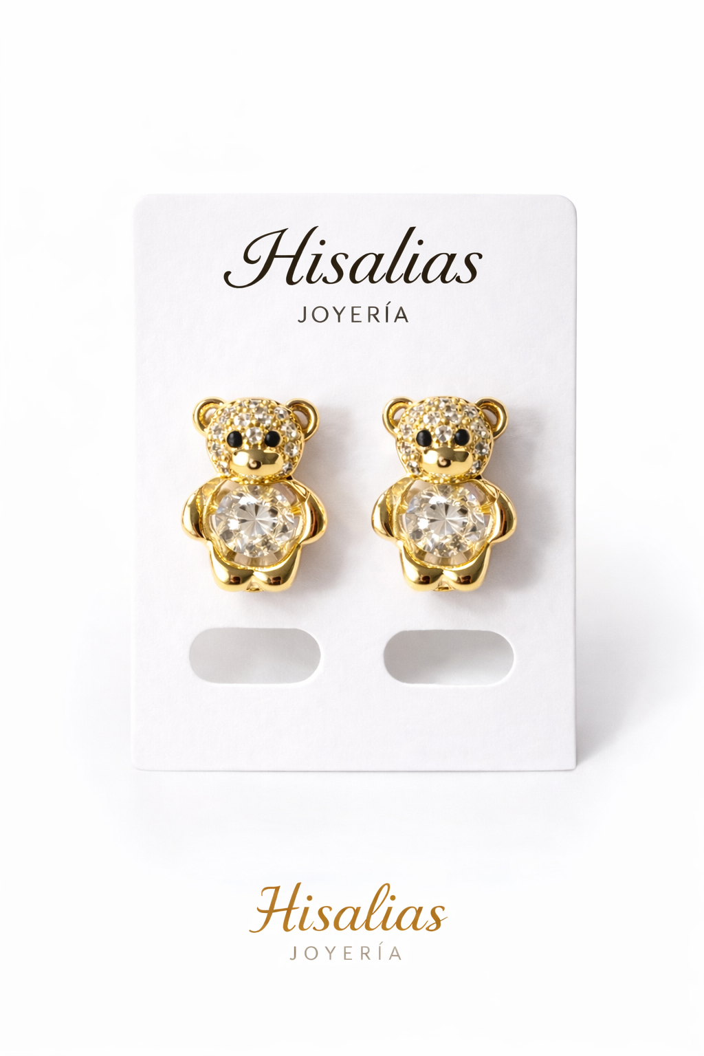 Aretes tipo huggies de osito con zirconia