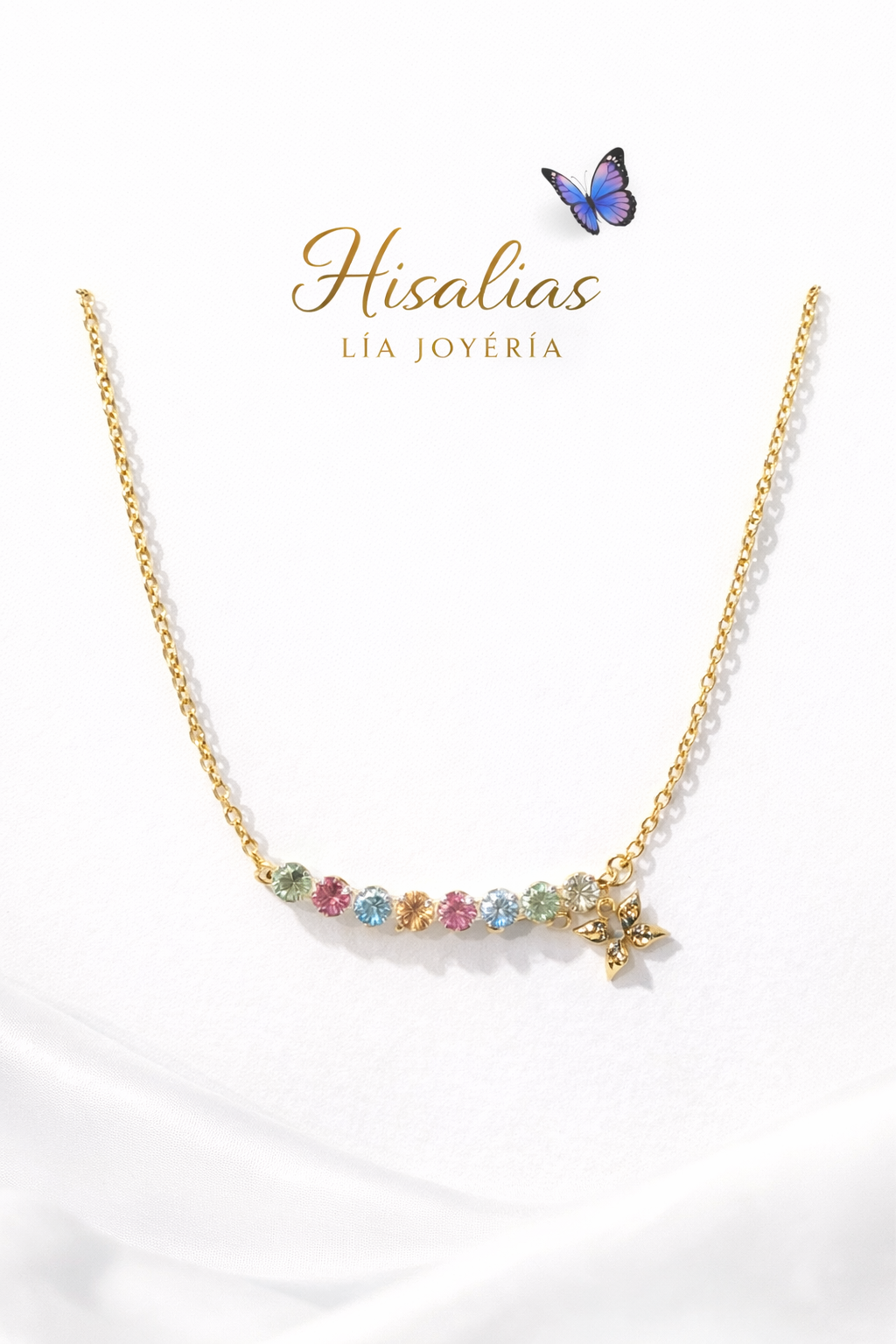 Collar Dorado con Zirconias Multicolor y Mariposa 40 cm + 5 cm de Extensión