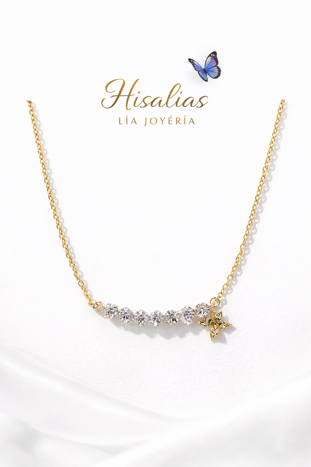 Collar Delicado Dorado con Zirconias y Mariposa 40 cm + 5 cm de Extensión